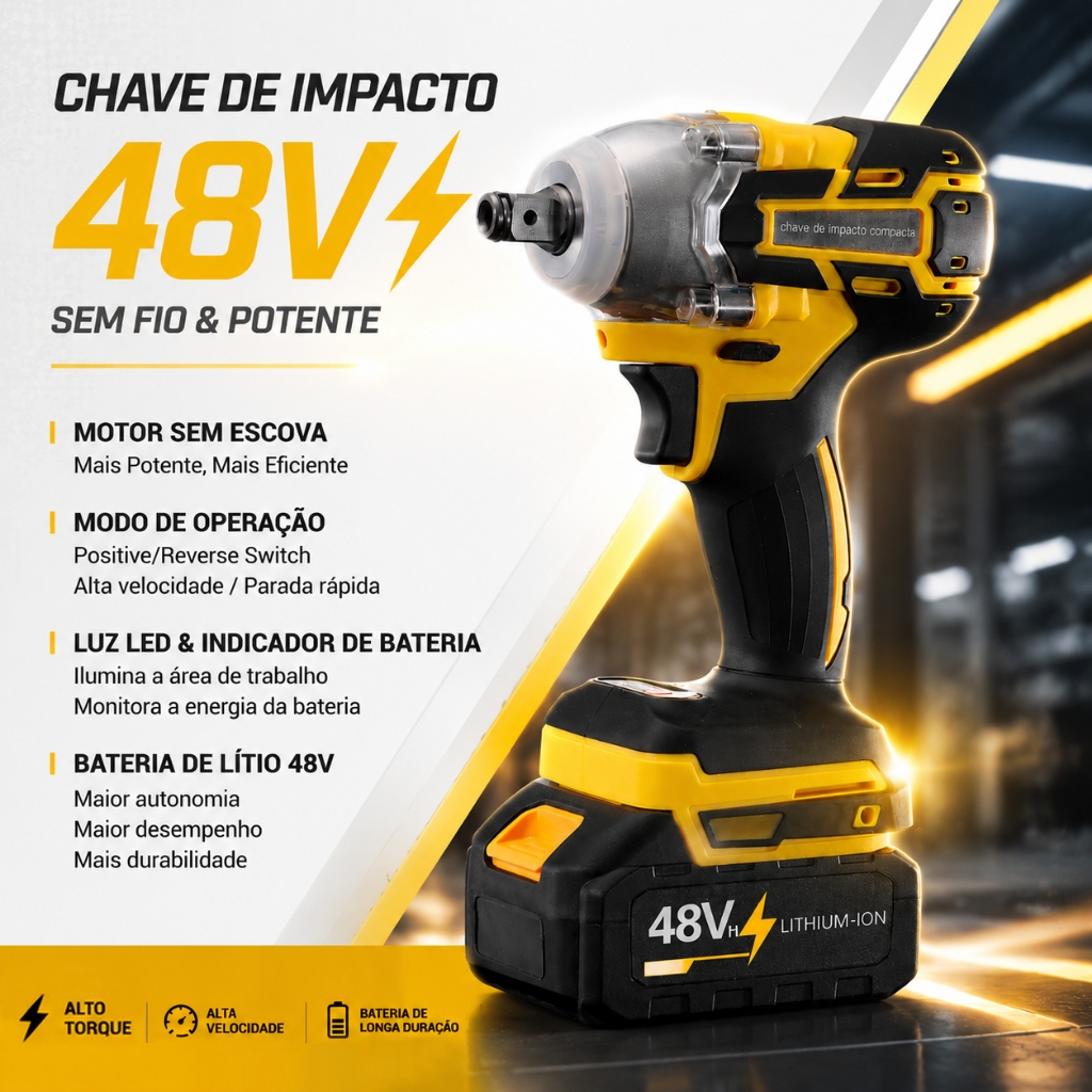 Chave De Impacto Sem Escova-Pistola De Alto Torque Fio De 48 V Com Bateria E Acessórios Chave De Impacto Sem Escova-Pistola De Alto Torque Fio De 48 V Com Bateria E Acessórios