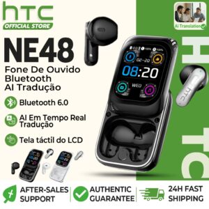 HTC NE48 Fone De Ouvido Bluetooth 6.0 AI Tradução 135 Idiomas Em Tempo Real Sem Fio TWS Tela Touch 48H Bateria Microfone - Oferta na Shopee