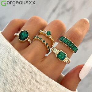 Venda A Quente Imitação De Pedras Gemas Verdes 5pcs Conjunto De Anéis Para Mulheres Rhinestone Geométrico Anel Meninas Joias Festa Vestindo - Oferta na Shopee