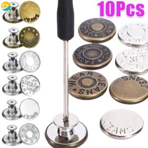 10Pcs Botões De Costura Livre Ajustável Cintura De Jeans Pressão De Metal Removível Fivelas De Calças Reutilizáveis Com Acessórios De Vestuário Chave De Fenda - Oferta na Shopee