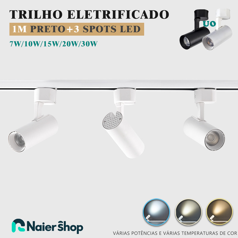 Kit Trilho Spot LED Eletrificado 1M Trilho + 3 Spots Led Cor Preto Branco Bivolt 7W 10W 15W 20W 30W Kit Trilho Spot LED Eletrificado 1M Trilho + 3 Spots Led Cor Preto Branco Bivolt 7W 10W 15W 20W 30W