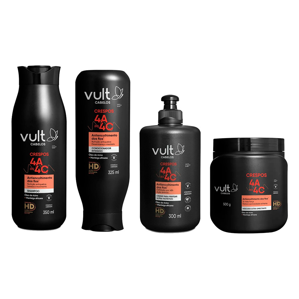 Kit Completo Cabelos Crespos Shampoo Condicionador Máscara e Creme 4A 4B 4C Vult Kit Completo Cabelos Crespos Shampoo Condicionador Máscara e Creme 4A 4B 4C Vult