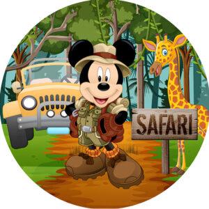 Capa Para Painel Festa Mickey Safari Mouse Desenho Infantil Redondo Tecido Sublimado 1