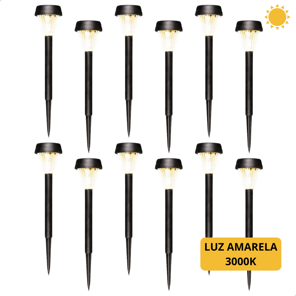 Kit 12 Luminarias Espeto Solar Jardim Balizador ABS 3000k Kit 12 Luminarias Espeto Solar Jardim Balizador ABS 3000k