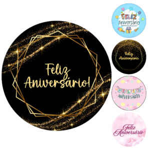 Capa Painel Redondo Mesa Feliz Aniversário Sublimado C/ Elástico 50×50Cm - Oferta na Shopee