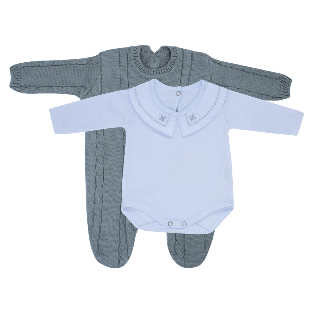 Kit Macacão Trança Cinza com Body Gola Bordada DU Kit Macacão Trança Cinza com Body Gola Bordada DU - Oferta na Shopee