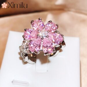 ♥ Original Luxo Venda a Quente Anel Coração de Cristal Rosa Anel Coração Feminino Romântico Doce Jóias - Oferta na Shopee