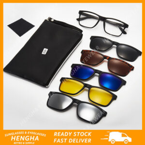(HENGHA) Óculos De Sol 5 Em 1 Conjunto Magnéticos Clip-On Day/Night Driving Vision - Oferta na Shopee