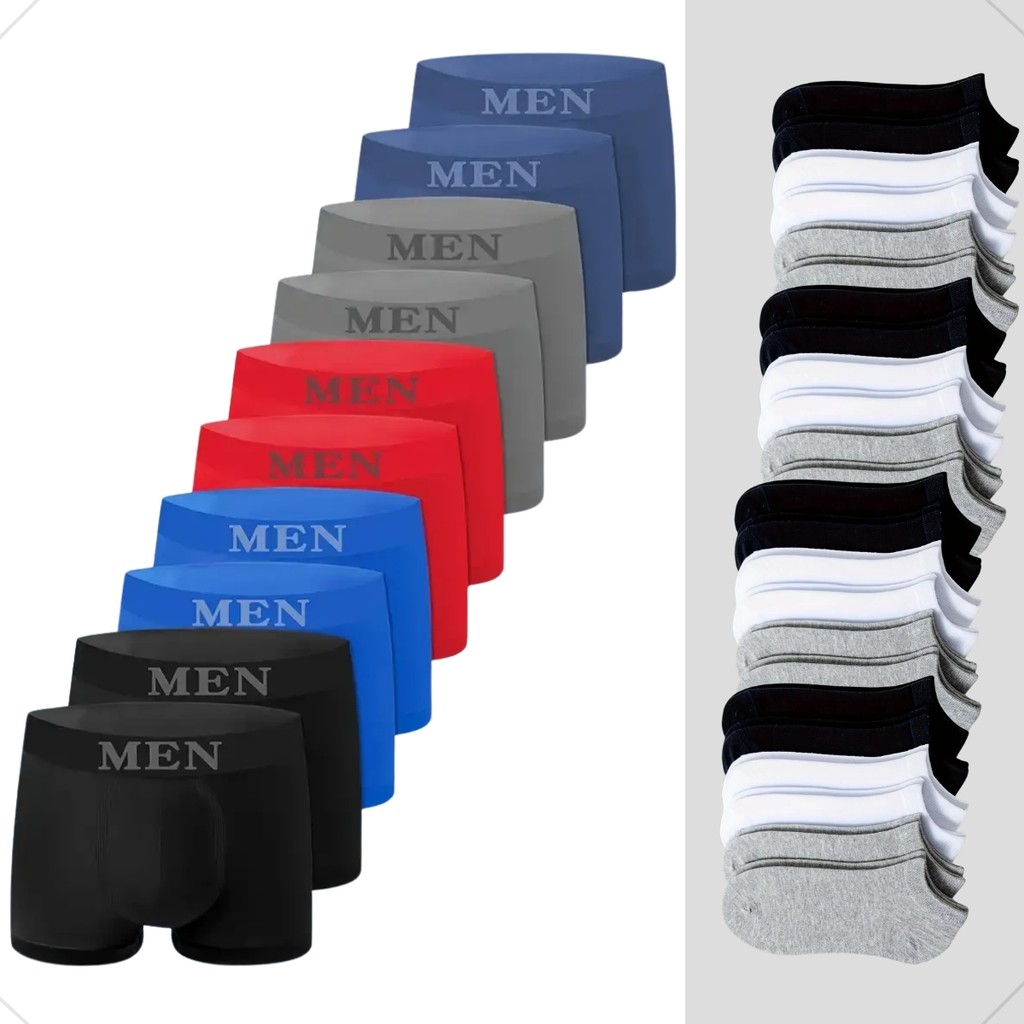 Kit 10 Cuecas Boxer em Microfibra Sem Costura e 12 Meias Soquete Algodão Conforto e Qualidade Kit 10 Cuecas Boxer em Microfibra Sem Costura e 12 Meias Soquete Algodão Conforto e Qualidade