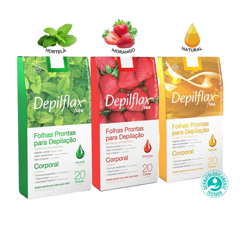 Folhas Prontas de Depilação Corporal Pernas Depilflax Morango Hortelã Natural 20un Depilatórias Folhas Prontas de Depilação Corporal Pernas Depilflax Morango Hortelã Natural 20un Depilatórias