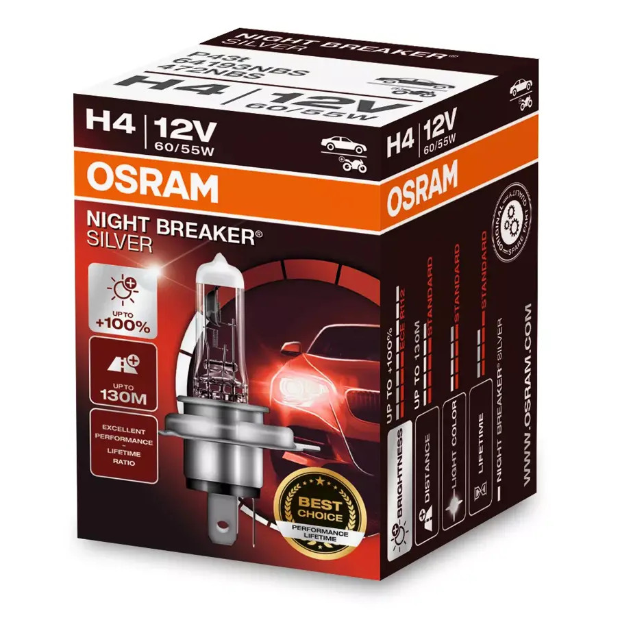 Lâmpada Osram Night Breaker Silver H4 +100% 3200K 12V Lâmpada Osram Night Breaker Silver H4 +100% 3200K 12V