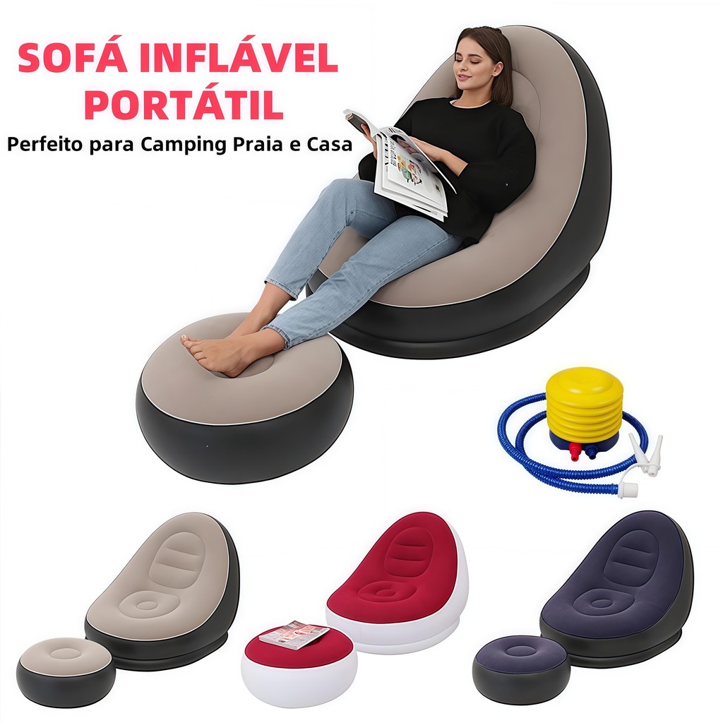 Sofá Inflável Portátil Conjunto Poltrona e Puff Inflável Ultra Lounge Portátil Descanso Preguiçoso Sofá Poltrona Sofá Inflável Portátil Conjunto Poltrona e Puff Inflável Ultra Lounge Portátil Descanso Preguiçoso Sofá Poltrona