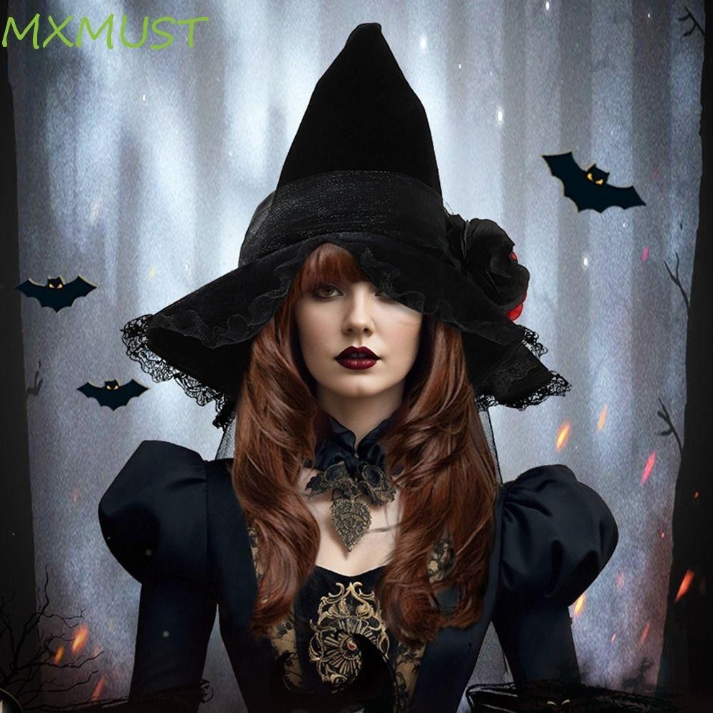 MXMUST Chapéus De Bruxa De Halloween , Boné De Feiticeiro De Flor Barroca , Chapéu De Terror , Adereços Fotográficos Par MXMUST Chapéus De Bruxa De Halloween
