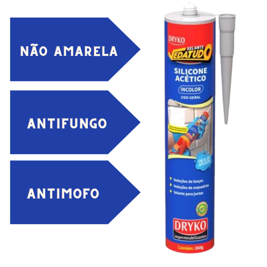 Silicone Acético Antifungo Uso Geral Para box, Esquadrias, Pias, Cubas, Janelas Vedatudo Dryko Silicone Acético Antifungo Uso Geral Para box