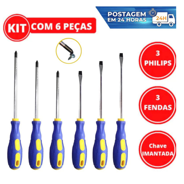 Kit Com 6 Peças De Chave Fenda E Phillips Pontas Imantadas Ferramenta Kit Com 6 Peças De Chave Fenda E Phillips Pontas Imantadas Ferramenta