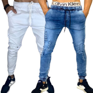 Kit 2 Calças Jogger Masculina Jeans e Sarja Rasgada e lisa Com Punho Elastico e cordão de ajuste - Oferta na Shopee