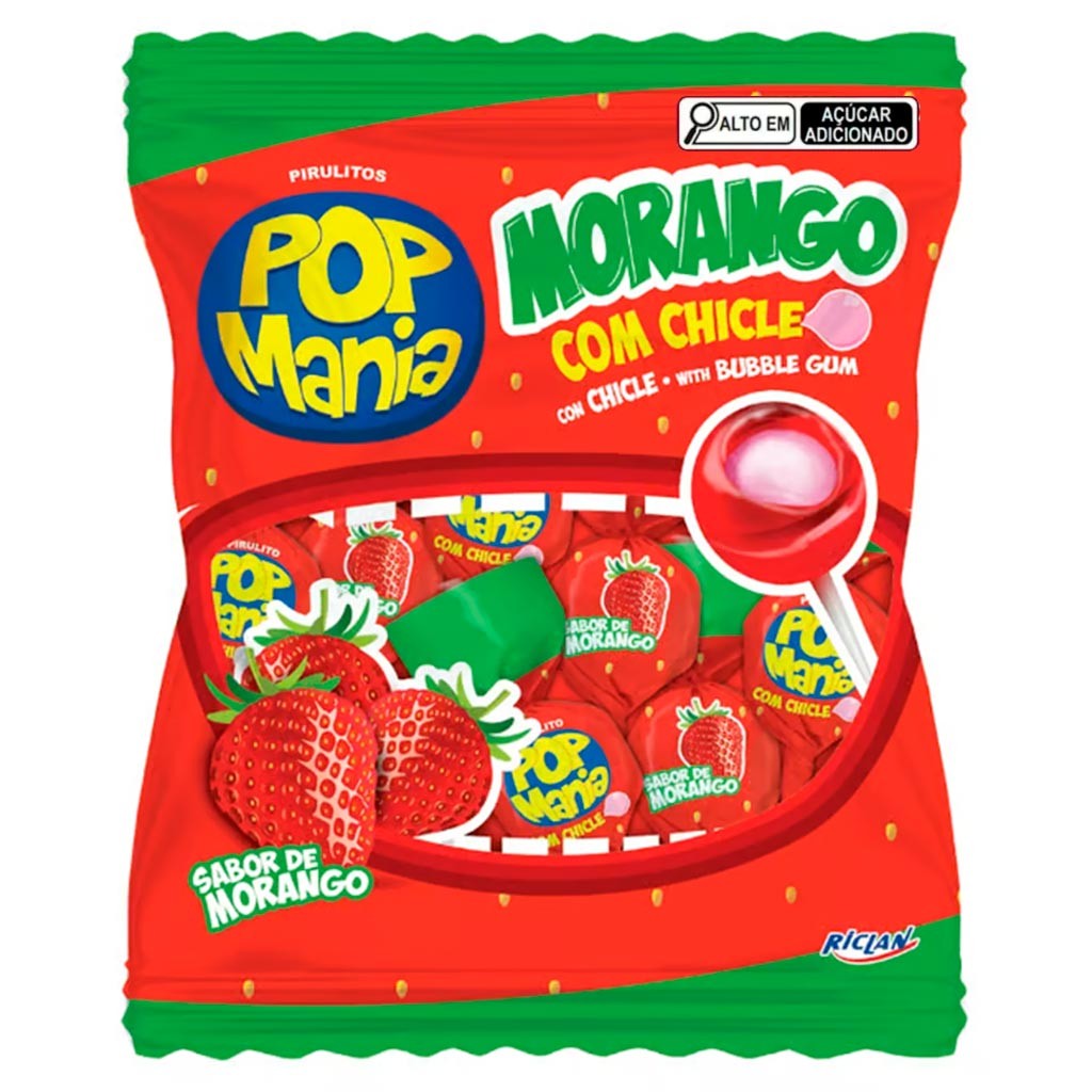 Pirulito Pop Mania Morango Recheio Chiclete 500g – Riclan Pirulito Pop Mania Morango Recheio Chiclete 500g – Riclan