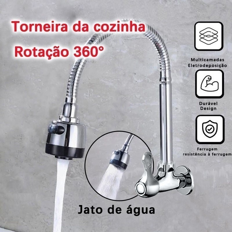 Inox Prata Torneira com chuveiro com rotação de 360° Cozinha Luxo Parede Inox Prata Torneira com chuveiro com rotação de 360° Cozinha Luxo Parede