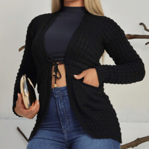 Casaco Feminino Cardigan Tricot Inverno Com Cordao e Bolso Quentinho - Oferta na Shopee