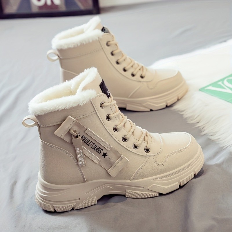 Botas femininas de inverno com forro de lã quente de cano alto – bege, sola grossa, amarrado, bico redondo, salto médio, Botas femininas de inverno com forro de lã quente de cano alto – bege, sola grossa, amarrado, bico redondo, salto médio,