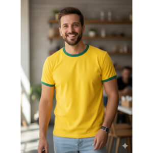 Camiseta Amarela Masculina Estilo Brasil Gola Verde Algodão Premium Confortável Casual - Oferta na Shopee