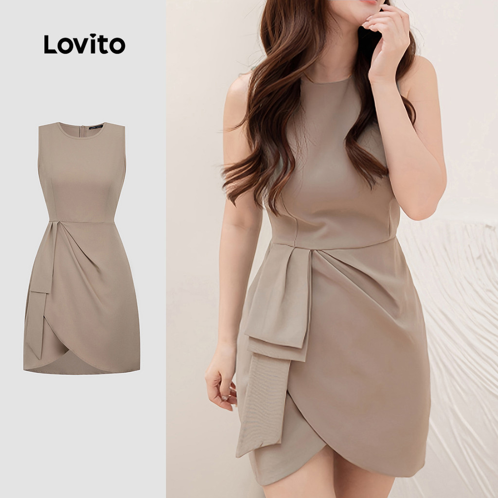 Lovito Elegante Vestido Simples Assimétrico Primavera/verão Vestido Cáqui para Mulheres L155ED1783 Lovito Elegante Vestido Simples Assimétrico Primavera/verão Vestido Cáqui para Mulheres L155ED1783