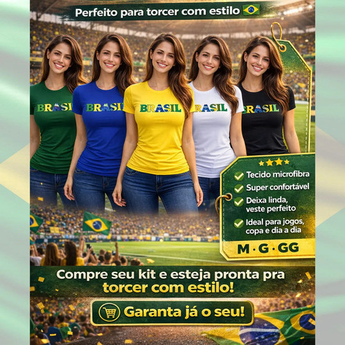 Blusa Brasil Feminina Babylook Manga Curta Cores Copa Do Mundo Gola Redonda Camiseta Torcer Confortável Blusa Brasil Feminina Babylook Manga Curta Cores Copa Do Mundo Gola Redonda Camiseta Torcer Confortável - Oferta na Shopee
