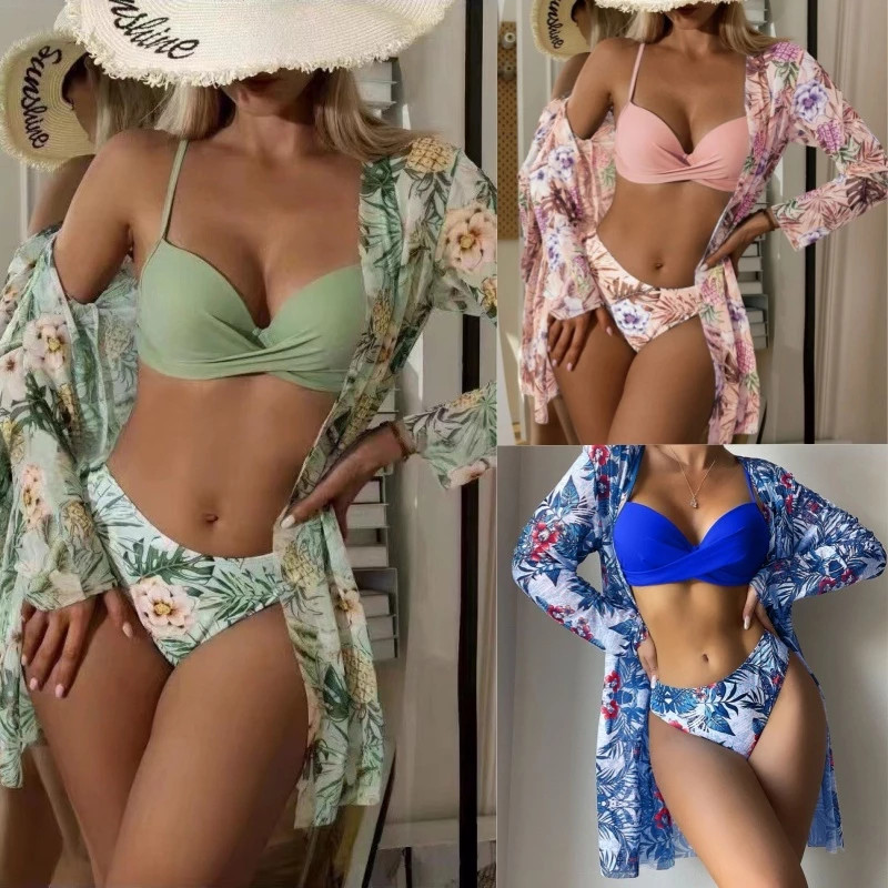 Biquíni feminino impresso maiô de praia de manga comprida três peças com saída de praia Biquíni feminino impresso maiô de praia de manga comprida três peças com saída de praia