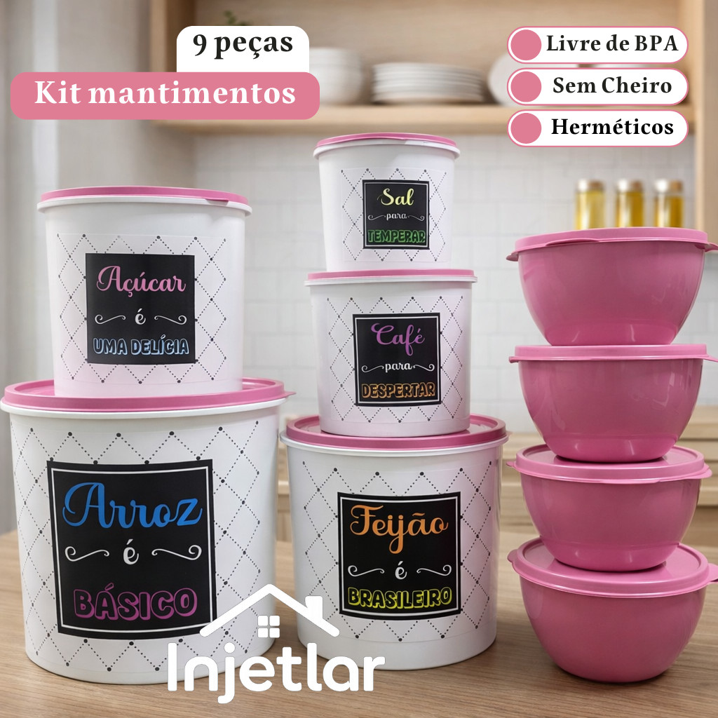 Kit com 9 potes para mantimentos de cozinha Kit com 9 potes para mantimentos de cozinha
