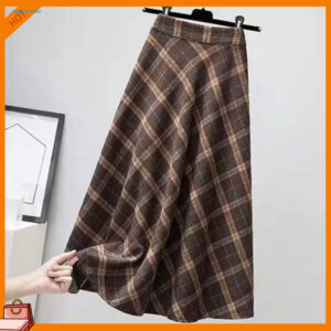 2.br Women Midi Skirt Elastic High Waist Plaid Print Skater Skirt A-Line Large Hem Casual Skirt Commuting Streetwear - Oferta na Shopee