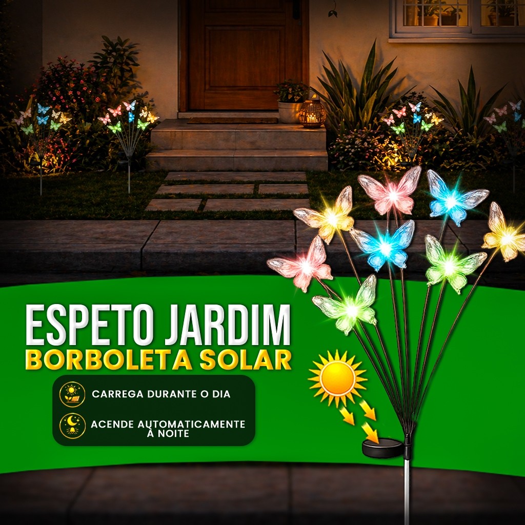 Espeto Jardim Borboleta Solar LED 8 Luzes Coloridas Decorativo Resistente Chuva IP66 Espeto Jardim Borboleta Solar LED 8 Luzes Coloridas Decorativo Resistente Chuva IP66 - Oferta na Shopee