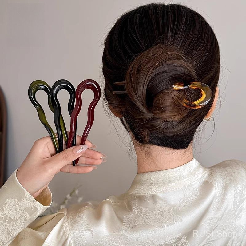 Presilha de cabelo retrô em formato de U, adequada para mulheres e meninas, presilha de cabelo em fibra de acetato com f Presilha de cabelo retrô em formato de U
