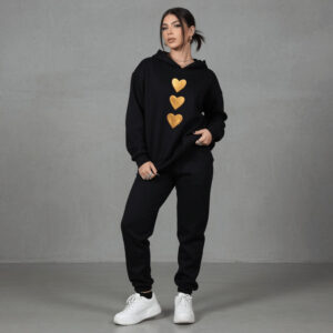 Conjunto Feminino de Moletom Canguru Calça Kit Estampada Coração Dourado 100% Algodão Blusa De Frio Capuz Cadarço Bolso - Oferta na Shopee