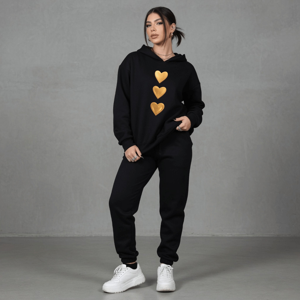 Conjunto Feminino de Moletom Canguru Calça Kit Estampada Coração Dourado 100% Algodão Blusa De Frio Capuz Cadarço Bolso Conjunto Feminino de Moletom Canguru Calça Kit Estampada Coração Dourado 100% Algodão Blusa De Frio Capuz Cadarço Bolso - Oferta na Shopee