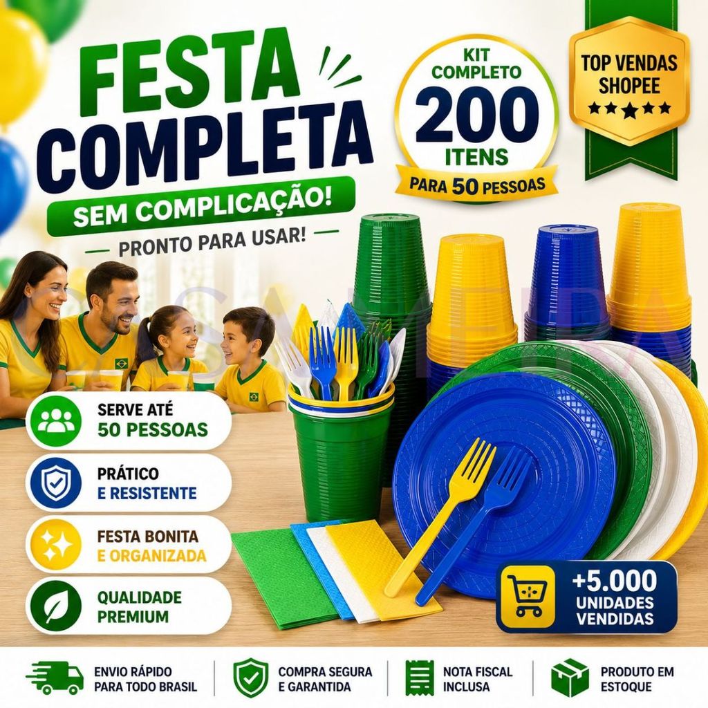 Kit 200 Itens Festa Aniversário Copa Brasil Completo Descartável Luxo Pratinho Copo Garfo Guardanapo Kit 200 Itens Festa Aniversário Copa Brasil Completo Descartável Luxo Pratinho Copo Garfo Guardanapo