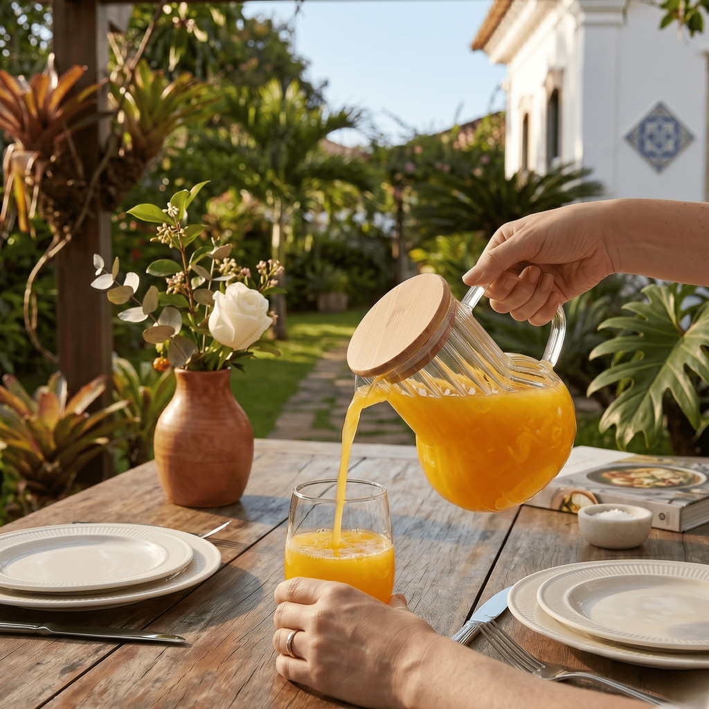Jarra Vidro Borossilicato Tampa Bambu Água Suco Chá Canelado 620ml Mesa Cabeceira Luxo CHEF D Jarra Vidro Borossilicato Tampa Bambu Água Suco Chá Canelado 620ml Mesa Cabeceira Luxo CHEF D