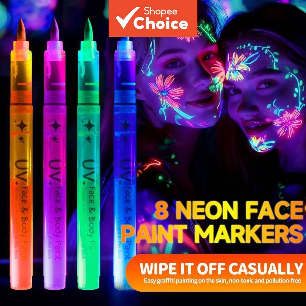 Caneta Fluorescente Luminosa para o Corpo, Rosto e Mãos, 8 Peças, Cores Brilhantes, Marcador de Tinta com Glitter, Caneta Fluorescente Luminosa para o Corpo, Rosto e Mãos, 8 Peças, Cores Brilhantes, Marcador de Tinta com Glitter,