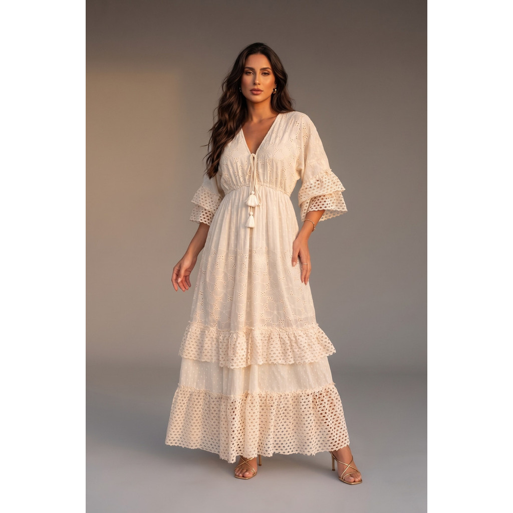 Vestido Longo Off White com Renda e Babados Elegante Sofisticada-8004 Vestido Longo Off White com Renda e Babados Elegante Sofisticada-8004