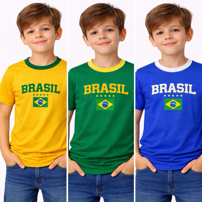 Camiseta Infantil Retrô Brasil | Poliéster Premium | Torcida Copa | Amarelo Verde Azul Camiseta Infantil Retrô Brasil | Poliéster Premium | Torcida Copa | Amarelo Verde Azul