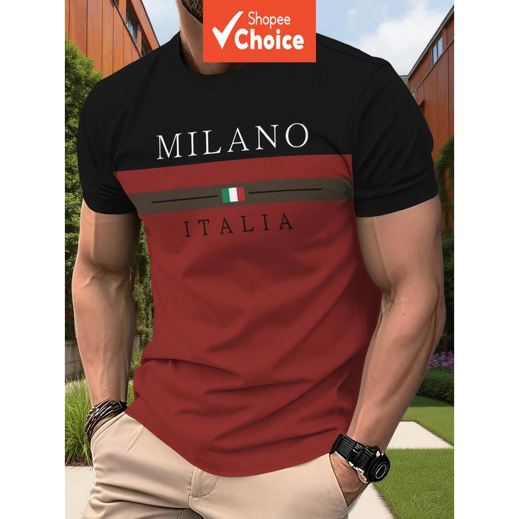 Camiseta masculina de verão 2026 estilo europeu e americano, com design em cores contrastantes preto e vermelho, gola Camiseta masculina de verão 2026 estilo europeu e americano