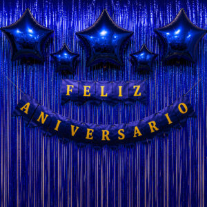 Kit Festa Completo 1 faixa Feliz Aniversário com 2 Cortina Metalizada e 5 Balões