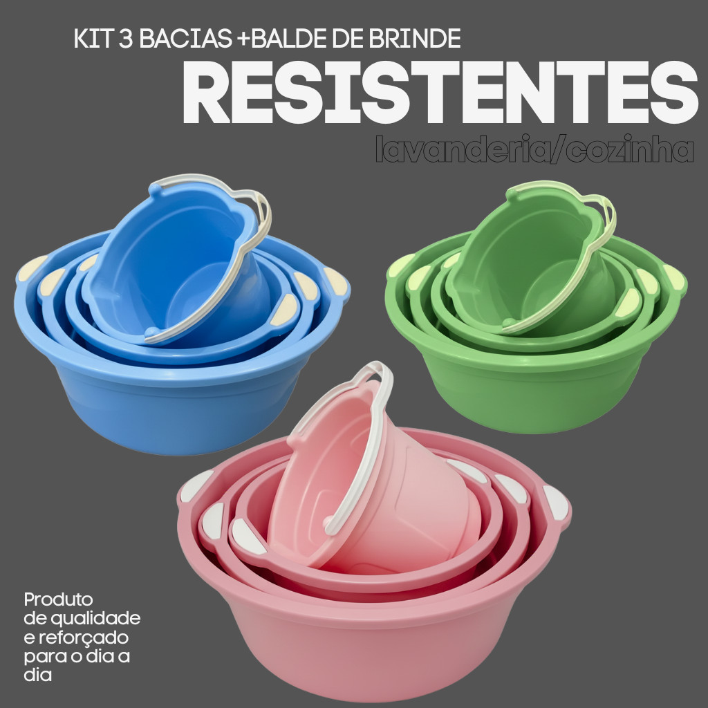 Kit 3 Bacias Plásticas Grandes E Balde Multiuso Para Limpeza Lavanderia Cozinha Kit 3 Bacias Plásticas Grandes E Balde Multiuso Para Limpeza Lavanderia Cozinha