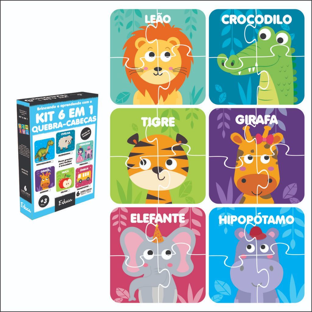 Kit 6 Quebra Cabeça Infantil de Madeira Educativo Pedagógico Lúdico (4 Peças cada) Mdf Kit 6 Quebra Cabeça Infantil de Madeira Educativo Pedagógico Lúdico (4 Peças cada) Mdf