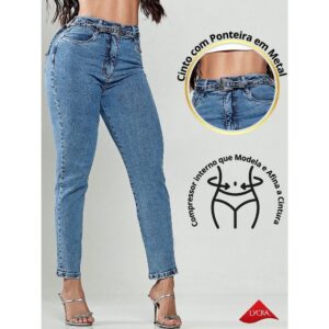 Calça Mom Jeans Lycra Cós Alto Com Cinto de Metal - Oferta na Shopee