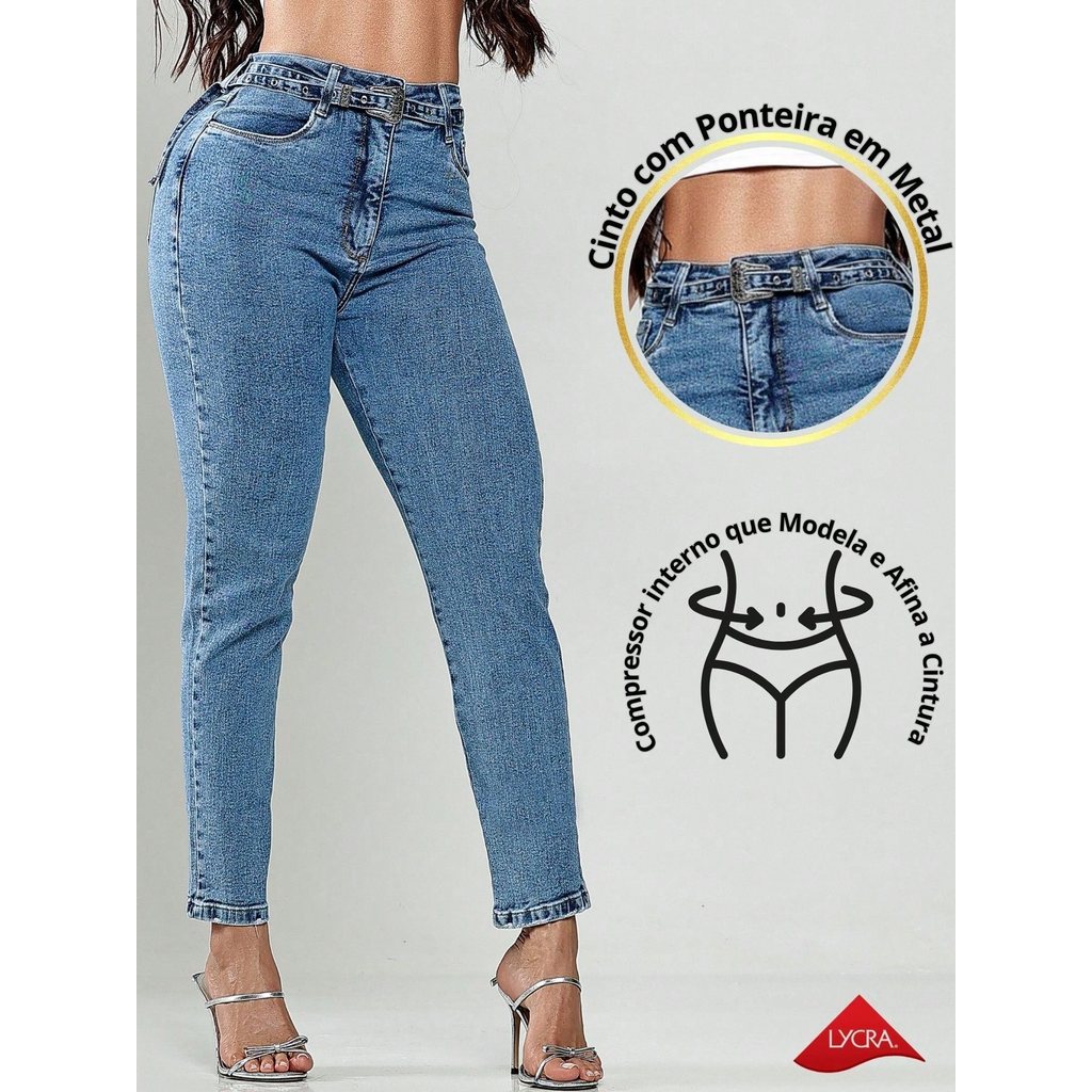 Calça Mom Jeans Lycra Cós Alto Com Cinto de Metal Calça Mom Jeans Lycra Cós Alto Com Cinto de Metal - Oferta na Shopee