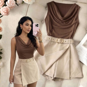 Conjunto Alfaiataria Short Saia com Cinto + Blusa Gola BOBA | P ao GG - Oferta na Shopee