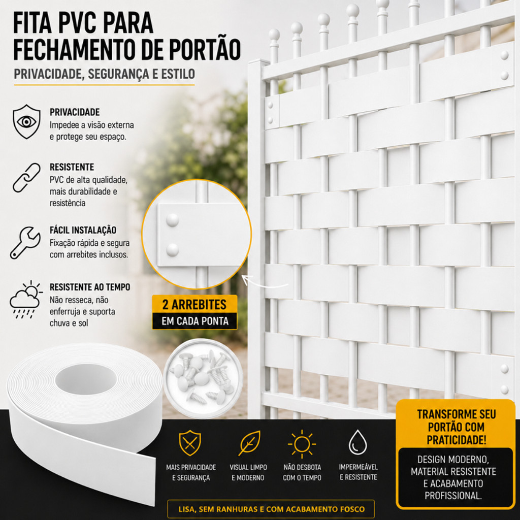 Fita Pvc Fechamento Faixa De Portão Branco 25m X 10cm + 25 Arrebites Faixa De Grades Fácil Instalação Acabamento Premium Fita Pvc Fechamento Faixa De Portão Branco 25m X 10cm + 25 Arrebites Faixa De Grades Fácil Instalação Acabamento Premium - Oferta na Shopee