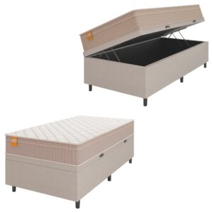 Cama Box Baú Solteiro Colchão Molas Qatar 88x188x63cm Bege/Branco Inducol - Suporta Até 200 Kg Por Pessoa - Oferta na Shopee