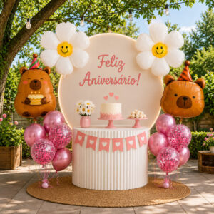 Kit Decoração Capivara Rosa Completo + Balões Capivara e Flores + Balões Cromados e Confete Festa Feminina - Oferta na Shopee