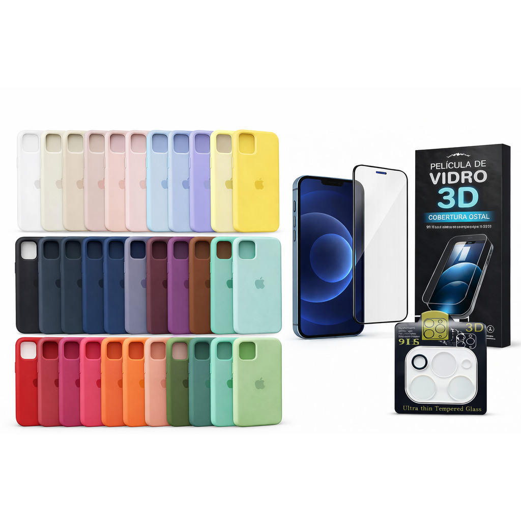 Kit 3em1 Case Silicone Colorida iPhone X XR XS 11 12 13 14 15 16 17 Pro Max + Película Vidro 3D + Lente Câmera | Premium Kit 3em1 Case Silicone Colorida iPhone X XR XS 11 12 13 14 15 16 17 Pro Max + Película Vidro 3D + Lente Câmera | Premium - Oferta na Shopee